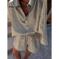 Conjunto de pantalones cortos a rayas para vacaciones para mujer, camisa informal con botones y solapa, pantalones cortos con cintura elástica, traje de playa para primavera y verano 2025 - details 2