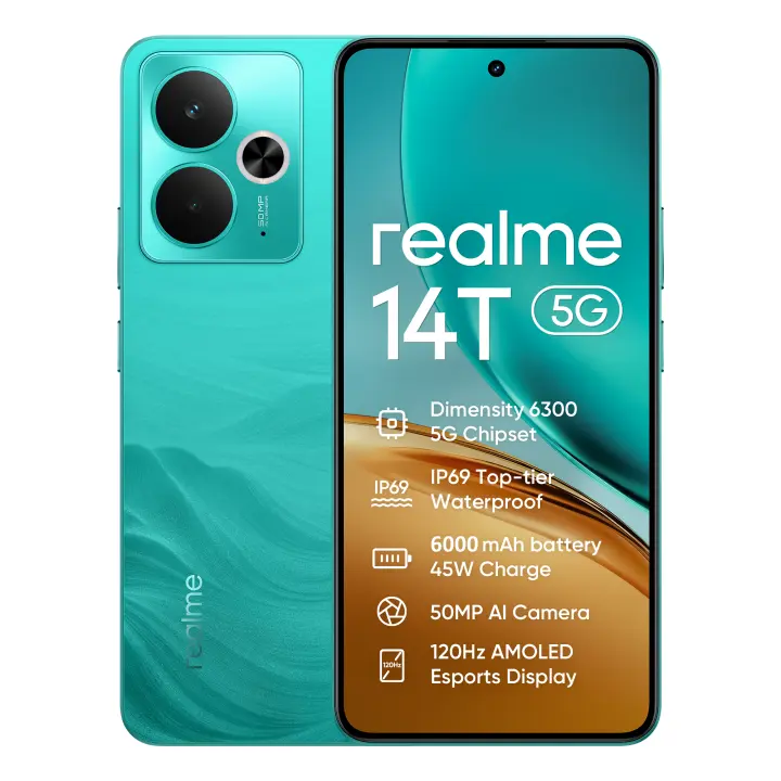 Teléfono - realme 14T 5G Smartphone 8GB+256GB, Batería de 6000mAh Carga de 45W, IP69 impermeable de primer nivel, MediaTek Dimensity 6300 5G, Cámara AI de 50MP, Pantalla Esports AMOLED 120Hz - 1