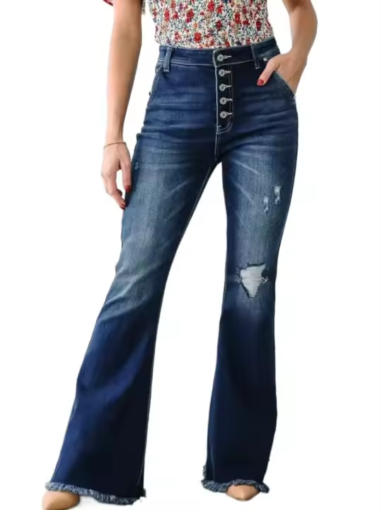Pantalones vaqueros de mezclilla de cintura alta para mujer Pantalones deshilachados rasgados de estilo coreano - 1