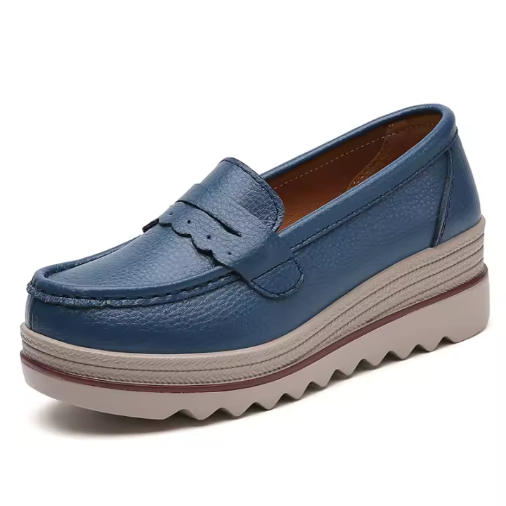 Zapatos para caminar de cuero cómodos e informales sin cordones para mujer con plataforma ancha y BA - 1