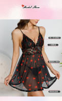 Camisón de encaje transparente negro con estampado de corazones Camisón con tirantes de malla en V profundo Ropa de dormir sexy - details 4