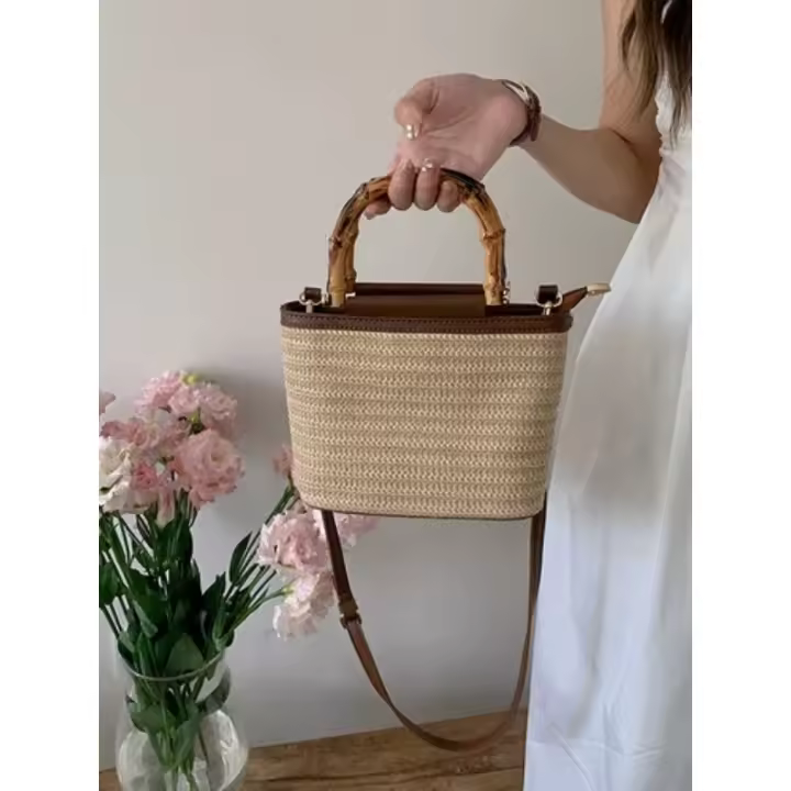 Bolsos de Viaje Hechos a Mano para Mujer Bolsos Cruzados de Verano de Paja con Asa de Madera - 1