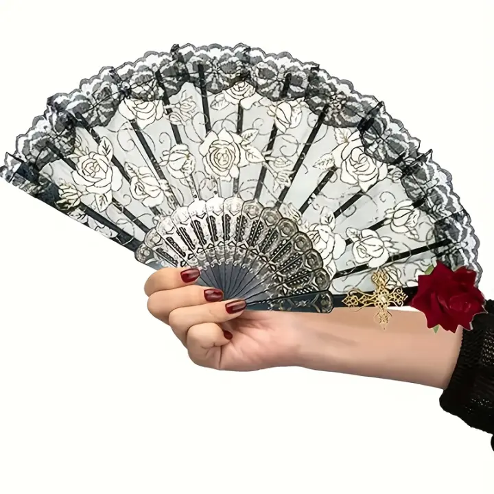 Abanico plegable vintage de encaje rosa flamenco español – Elegante abanico de mano negro para mujer, perfecto para fiestas y bodas, perfecto para decoración de habitaciones - 1
