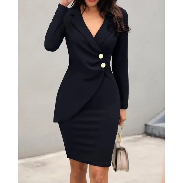 2024 Otoño Invierno moda Midi Oficina señora vestidos de manga larga elegante flaco con cinturón trabajo corporal vestido de tubo sólido de negocios - 1