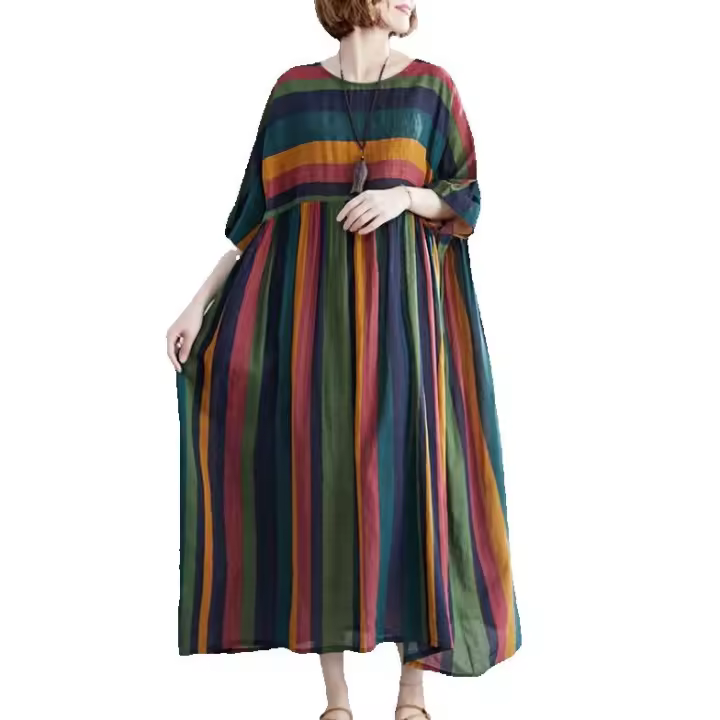 Falda larga de lino y algodón a rayas, cuello redondo bohemio, manga corta, moda casual para mujer, talla grande 42-52 - 1
