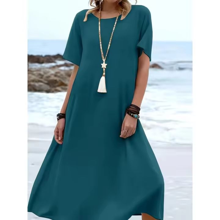 Vestido de manga corta con cuello redondo de color sólido estilo vacaciones de verano 2025 - 1