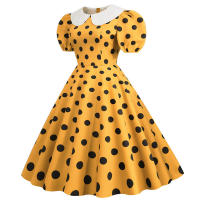 Vestido midi elegante de fiesta con cuello Peter Pan, lunares y mangas cortas abullonadas para mujer, ideal para el verano. - details 11