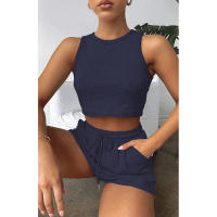 Conjunto de dos piezas de verano para mujer, chaleco sin mangas de color sólido con textura gofre y pantalones cortos casuales de moda. - details 31