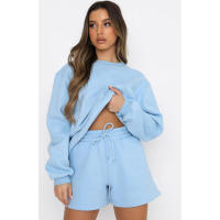 Wind Conjunto de pantalones cortos y sudadera con cuello redondo informal holgado de Color puro para mujer - details 54