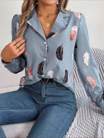 Blusa de manga larga con estampado de plumas para mujer, camisa blanca a la moda, Top informal para oficina, ropa elegante para mujer, novedad de otoño - details 18