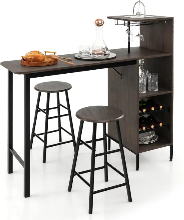 Juego de comedor con 2 taburetes de bar, barra de cocina con 2 sillas altas, mesa de bar con escalones abiertos, botellero para copas de vino, para cocina, salón y bar (natural) - 1
