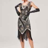 Vintage lentejuelas con cuentas Art Deco Flapper vestidos años 20 gran Gatsby fiesta flecos cuello en V sin mangas bordado vestido Midi - details 5
