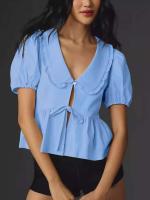 2025 Primavera/Verano nueva camisa de mujer de manga corta con cuello de muñeca de Color sólido con rejilla de lunares - details 6