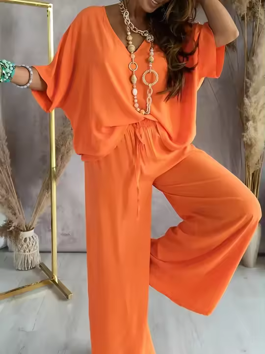 Conjunto de pantalones de pierna ancha holgados informales con manga de murciélago y cuello de 2025V para mujer - 1