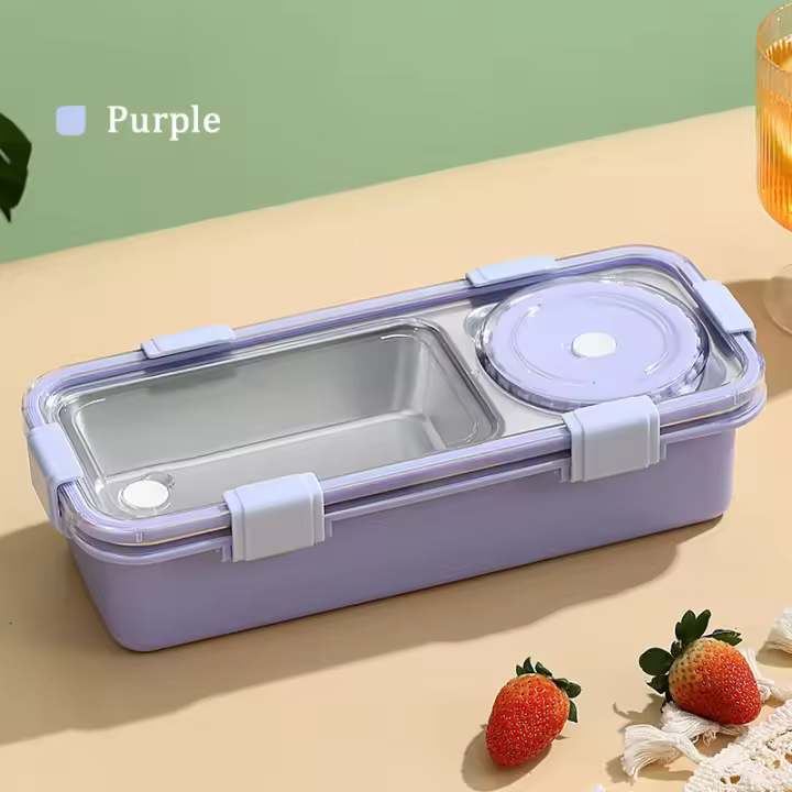 Fiambrera de 2 Compartimentos de Acero Inoxidable Caja Bento Portátil con Tazón de Sopa - 1
