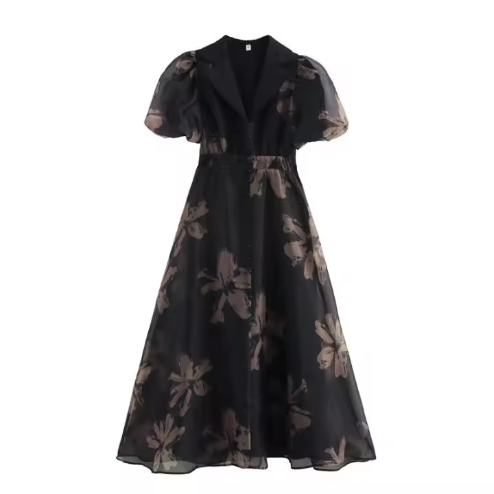 - Nuevo vestido de primavera para mujer, cuello en V, diseño de estilo francés, mangas estampadas - 1