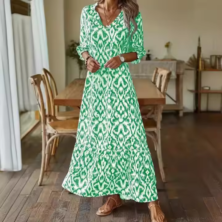 2023 Otoño Invierno experto en moda Casual dulce suelto con cuello en V estampado de manga media vestido largo - 1