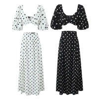 TRAFZA-Conjunto de falda con estampado de lunares para mujer, Top corto de manga corta con cuello cuadrado, falda con abertura de cintura alta, Vintage, Primavera, 2024 - details 2