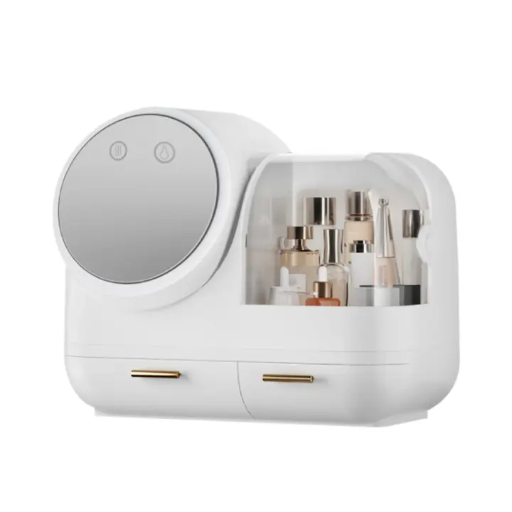 Caja de almacenamiento para cosméticos, organizador de maquillaje, haz de anillo LED, espejo HD de estilo blanco con secador de pelo incorporado - 1