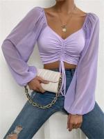 Camiseta Sexy de malla con mangas acampanadas y cordón para mujer, camiseta con ombligo descubierto en el pecho, parte inferior de manga larga - details 13