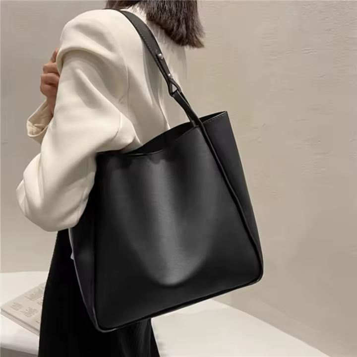 Bolso de hombro sencillo para mujer, bolsa de mano Retro de gran capacidad, de cuero Pu, Color sólido, 2025 - 1