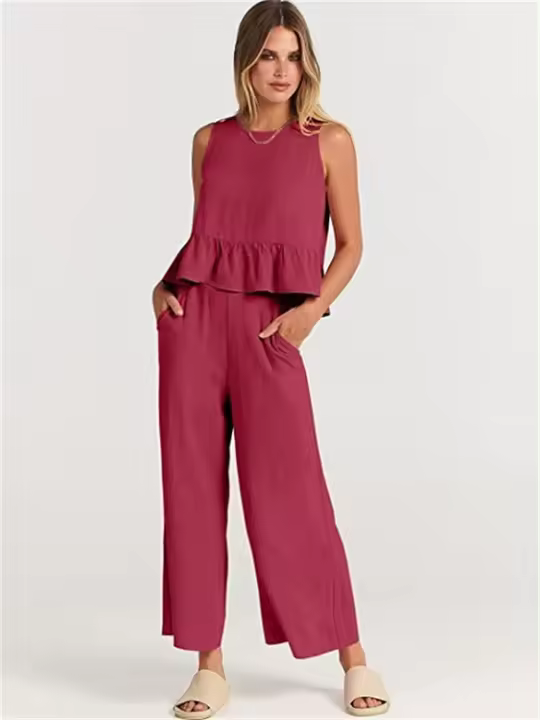 Conjunto de verano de dos piezas para mujer, suéter informal sin mangas, top y pantalones sueltos para mujer - 1