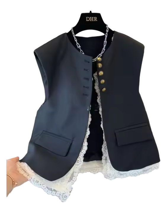 Ence ragtag-Chaqueta informal sin mangas con cuello redondo coreano, chaleco holgado, top retro chic, ropa de mujer 2024 - 1