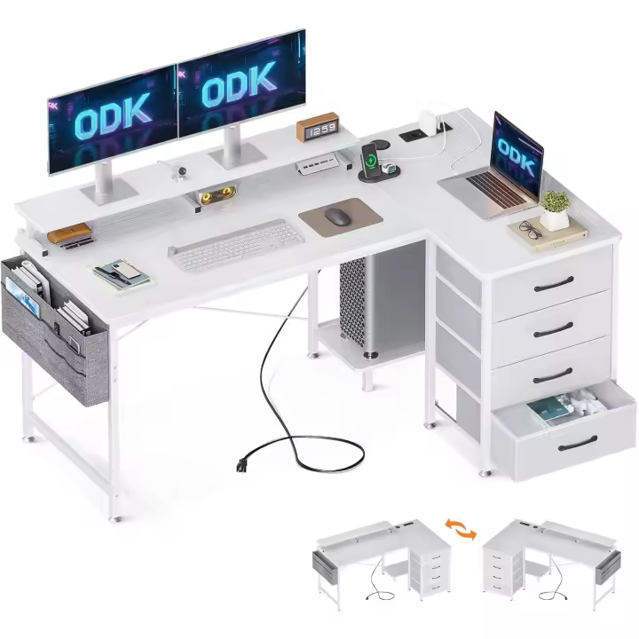Esquinero con 4 Cajones, Escritorio en L Reversible con 2 Puertos de Carga USB y 2 Enchufes, Mesa en L con Estante para Monitor para Oficina en Casa (Blanco, 140x80x84.7cm) - 1