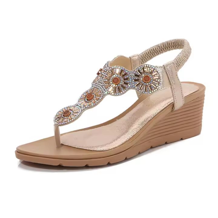 Sandalia Primavera 2025 Nuevas sandalias de mujer grandes con diamantes de agua y tacón inclinado con cabeza redonda - 1
