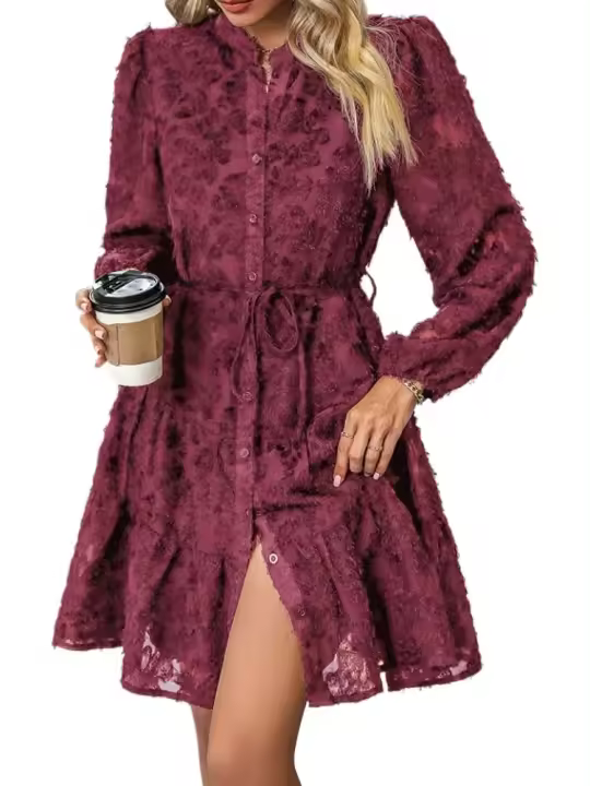 Vestido Midi de manga larga con cuello levantado para mujer, moda coreana, Vintage, Color sólido, primavera y otoño, 2025 - 1