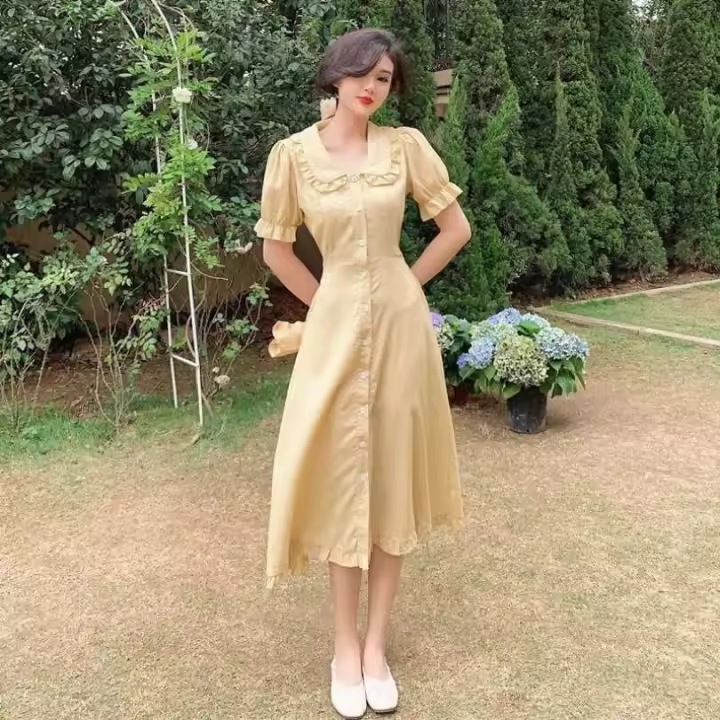 Vestido Versátil de Té con Cuello de Muñeca para Mujer Cintura Ajustada, Adelgazante, Perfecto para Primavera/Verano - 1