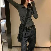 Jerseys de punto de manga larga para mujer, suéteres con botones de calle alta Y2K, Tops de fondo acanalados grises Vintage, Otoño e Invierno - details 10