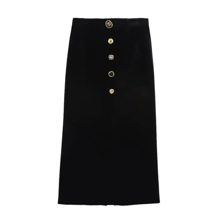 BUNO-falda de terciopelo para Mujer moda Otoño Invierno nueva cremallera trasera recta Chic Mujer cintura alta elegante A-line Midi faldas Mujer - 1