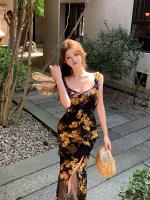 Vestido Vintage Floral con tirantes para mujer, falda larga con volantes elegantes, ajustada, con control de cintura, adelgazante, dividida - details 1