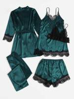 Conjunto De Pijama De Seda Para Mujer 5 Piezas Lencería Sexy De Encaje Camisola Y Pantalones Ropa Interior Para Dormir En Casa - details 5
