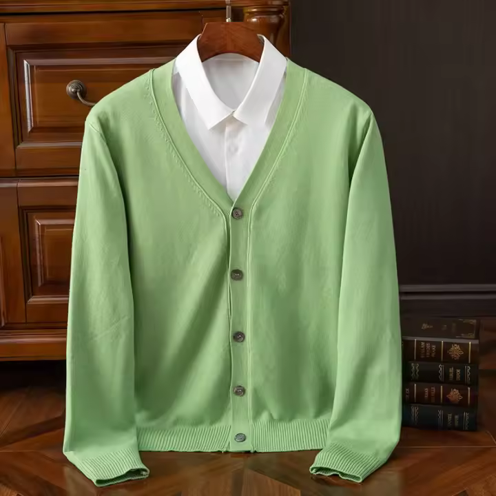 Cárdigan de punto para hombre, color liso con cuello en V suelto - 1