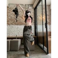 Pantalones de chándal de pierna ancha holgados informales grises, ropa de calle de cintura baja con cordón, pantalones Cargo, pantalones Hippie para correr para mujer - details 6
