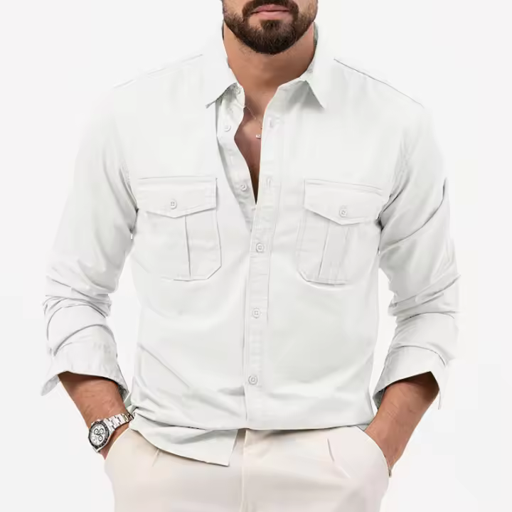 Camisa informal de manga larga para hombre, tops con múltiples bolsillos, otoño - 1