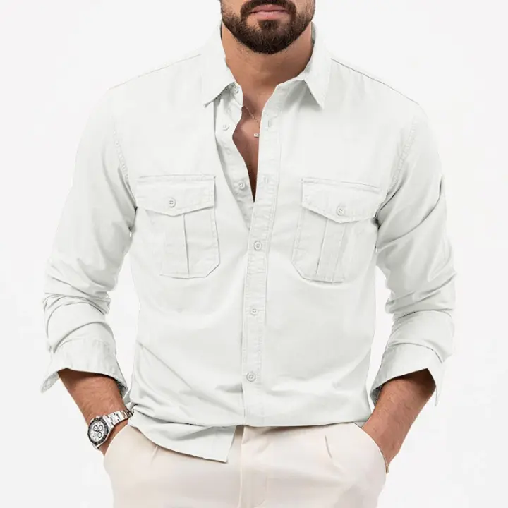 Camisa informal de manga larga para hombre, tops con múltiples bolsillos, otoño - 1