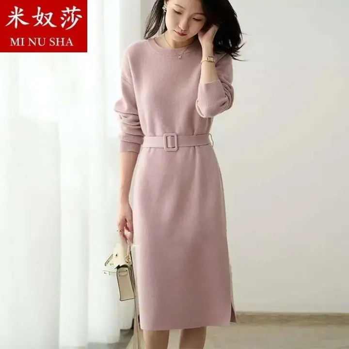 Nuevo vestido de lana de estilo francés con mangas y cuello redondo, de longitud media a larga, combinado con abrigo y cintura ceñida - 1