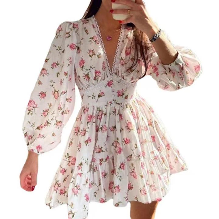 Ropa de mujer con estampado floral ad V-eck, mangas de tronco, poliéster de primavera/verano, cintura alta, campig especial