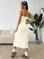 Vestido de estilo simple de mujer cintura alta tirantes delgados falda media y larga - details 2