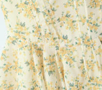 New Women Vintage Puff Short Sleeve V Neck Yellow Floral Print Dress Pleated Hem Female Holiday Summer Mini Robe - details 5