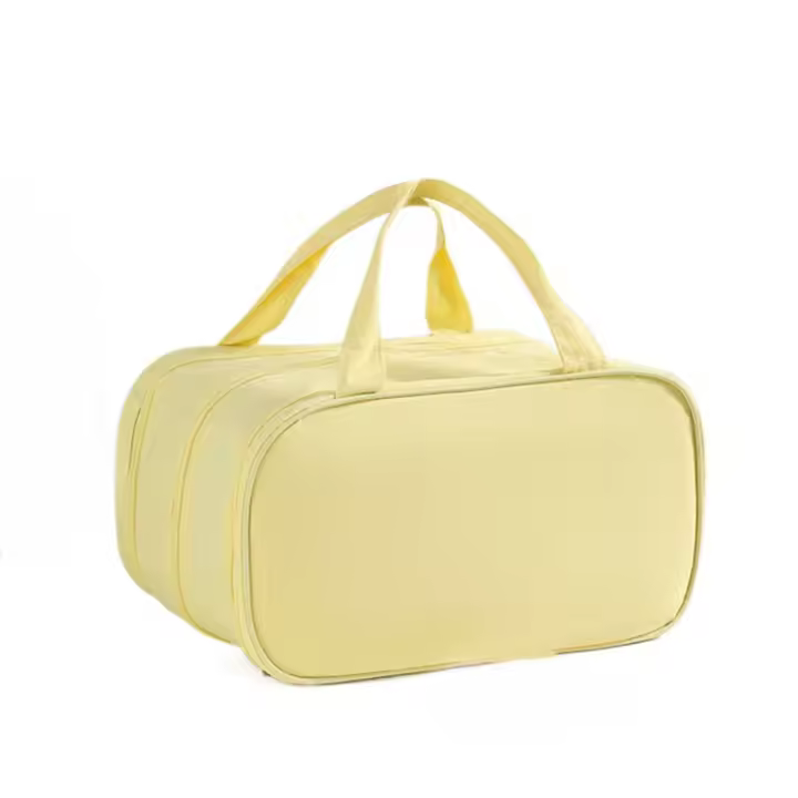 Bolsa de maquillaje de mano dividida de tres capas, bolsa de almacenamiento de cosméticos impermeable de gran capacidad con asa, bolsa de aseo para mujer - 1
