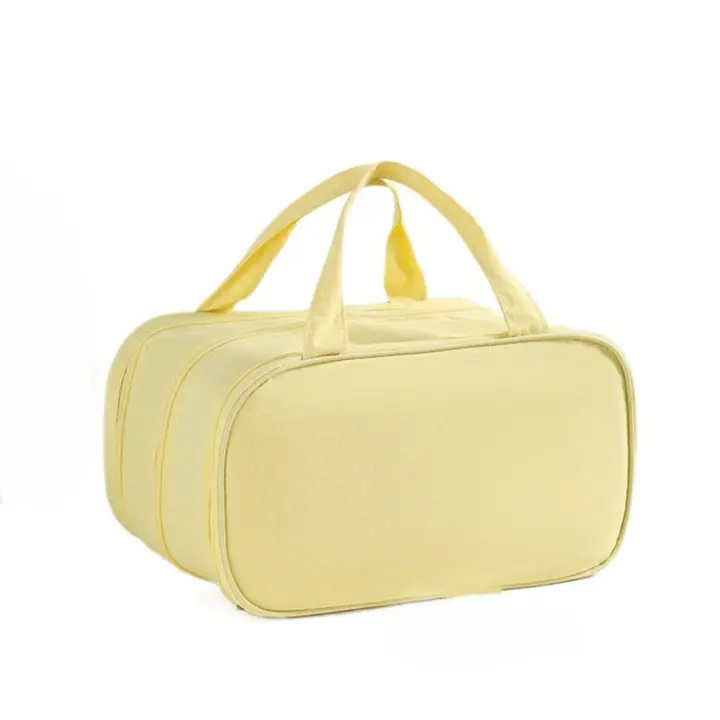 Bolsa de maquillaje de mano dividida de tres capas, bolsa de almacenamiento de cosméticos impermeable de gran capacidad con asa, bolsa de aseo para mujer - 1