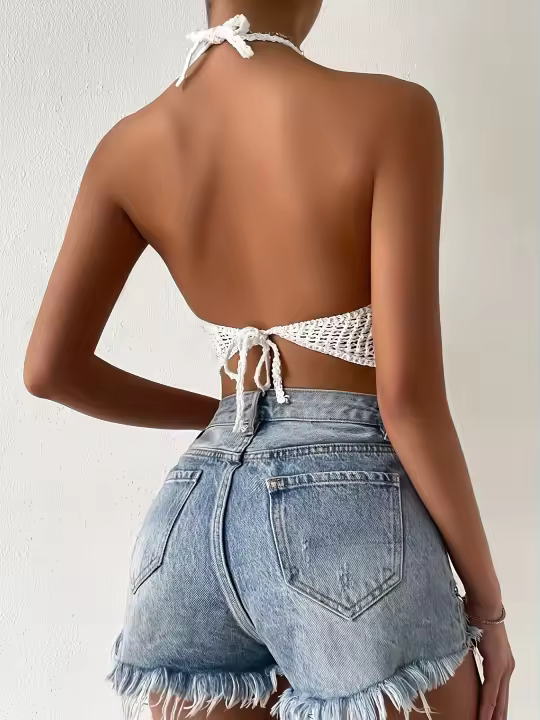 Corpiño bohemio con huecos, top de bikini para mujer, cuello halter con tirantes, mezcla de rayón/viscosa, ligero estiramiento, color sólido, tejido de punto, 110 g/m², con almohadilla para el pecho - Ropa de playa para adultos - 1