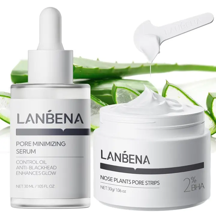 LANBENA Set de eliminación de puntos negros 3 en 1: tiras para poros (30 g), suero minimizador de poros (30 ml) y papel de eliminación - Mascarilla para rostro, minimiza los poros y deja la piel fresca y limpia, removedor de puntos negros - 1
