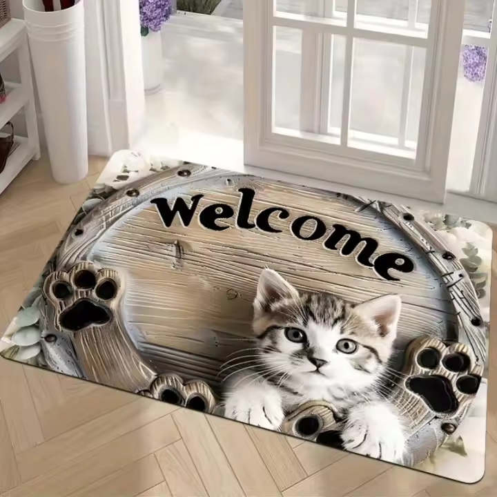 Alfombra de Bienvenida de Gato Diseño de Garra de Gatito y Piso de Franela Antideslizante - 1