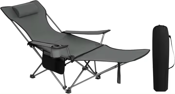 Silla de Camping Plegable Portátil, Maxima Carga 150kg, Reposacabezas y Bolsa Lateral, Marco de Acero, Para Picnic, Playa, Jardín, Pesca Gris - 1