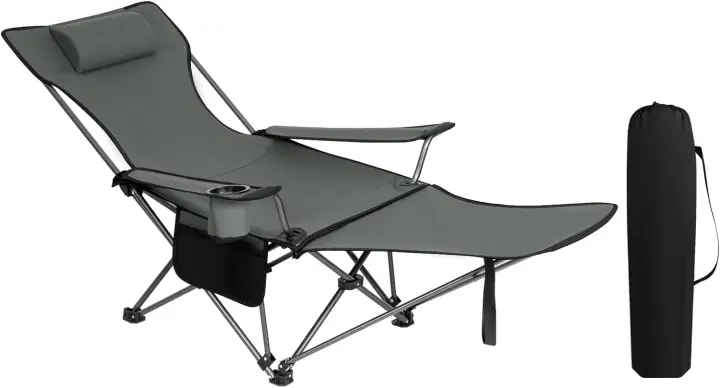 Silla de Camping Plegable Portátil, Maxima Carga 150kg, Reposacabezas y Bolsa Lateral, Marco de Acero, Para Picnic, Playa, Jardín, Pesca Gris - 1